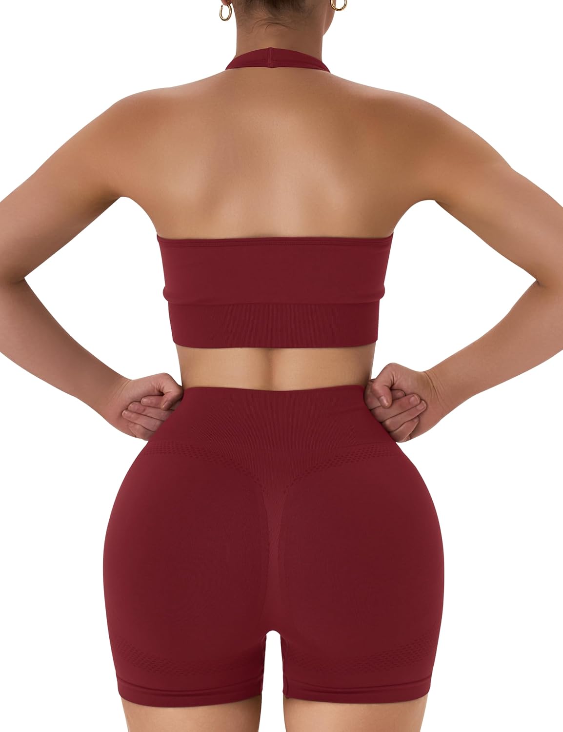 OLCHEE 女士健身套装 2 件套露背挂脖运动胸罩高腰提臀短裤瑜伽健身服休闲运动服