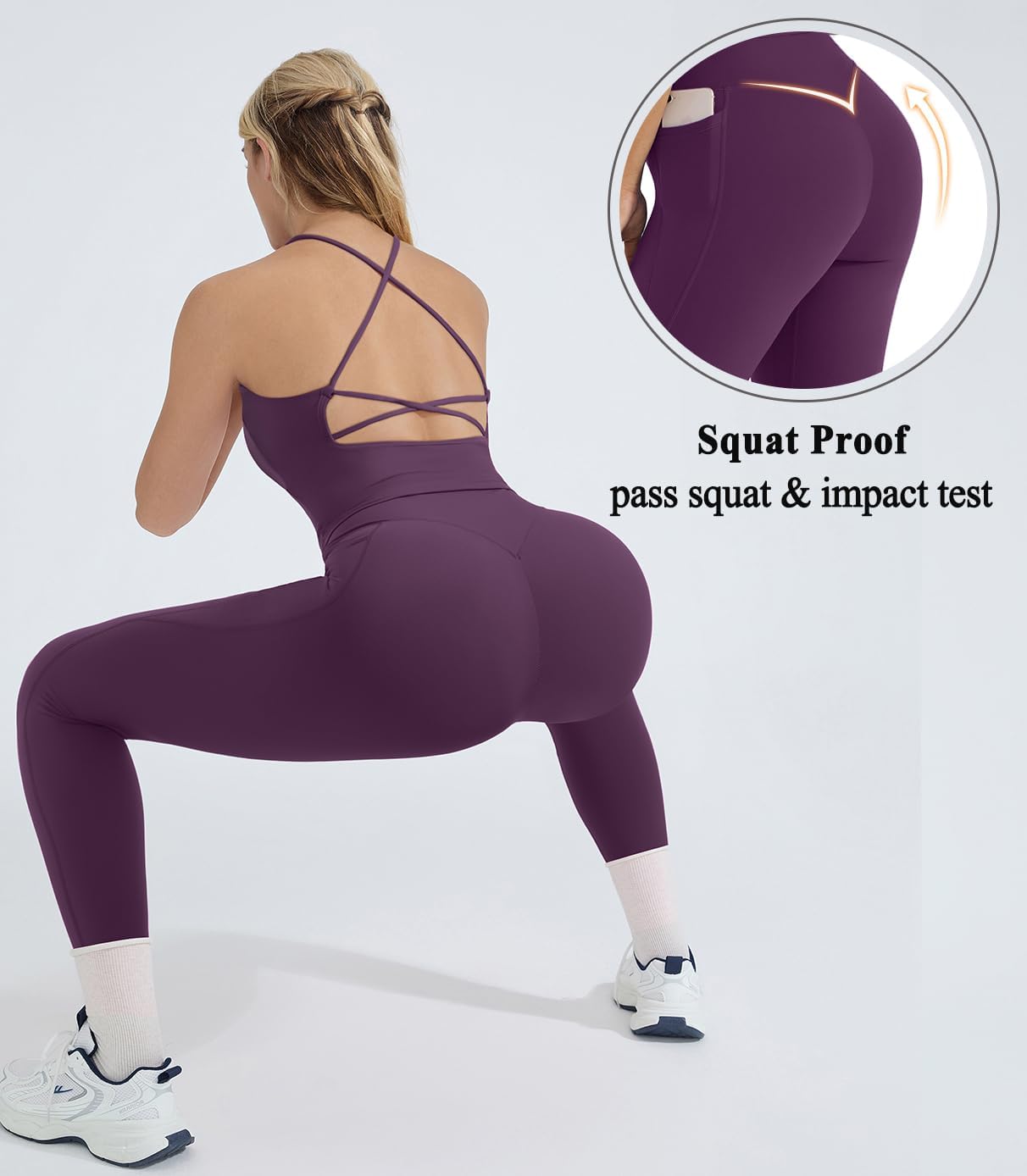 OMKAGI 2 件套女士健身套装,加垫健身上衣,带口袋,健身套装