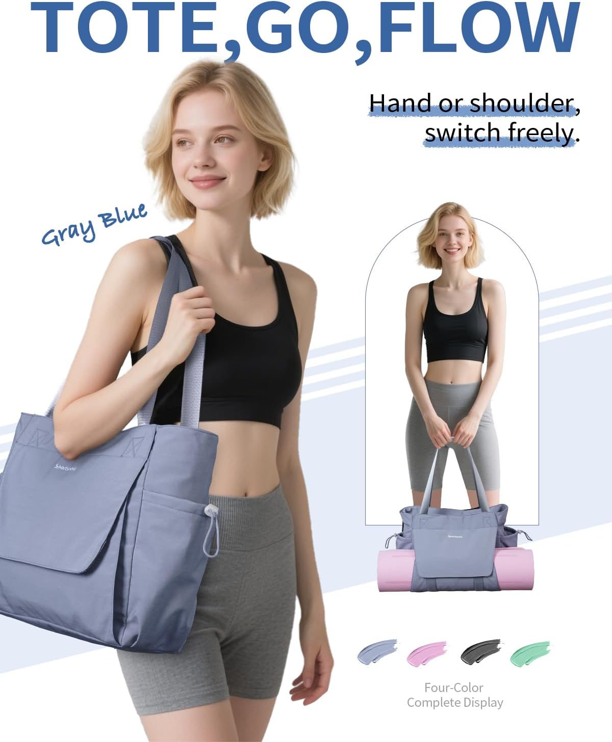 sportsnew 瑜伽垫包手提包瑜伽健身包男女防水湿口袋和钩环,快速取用存储瑜伽垫包