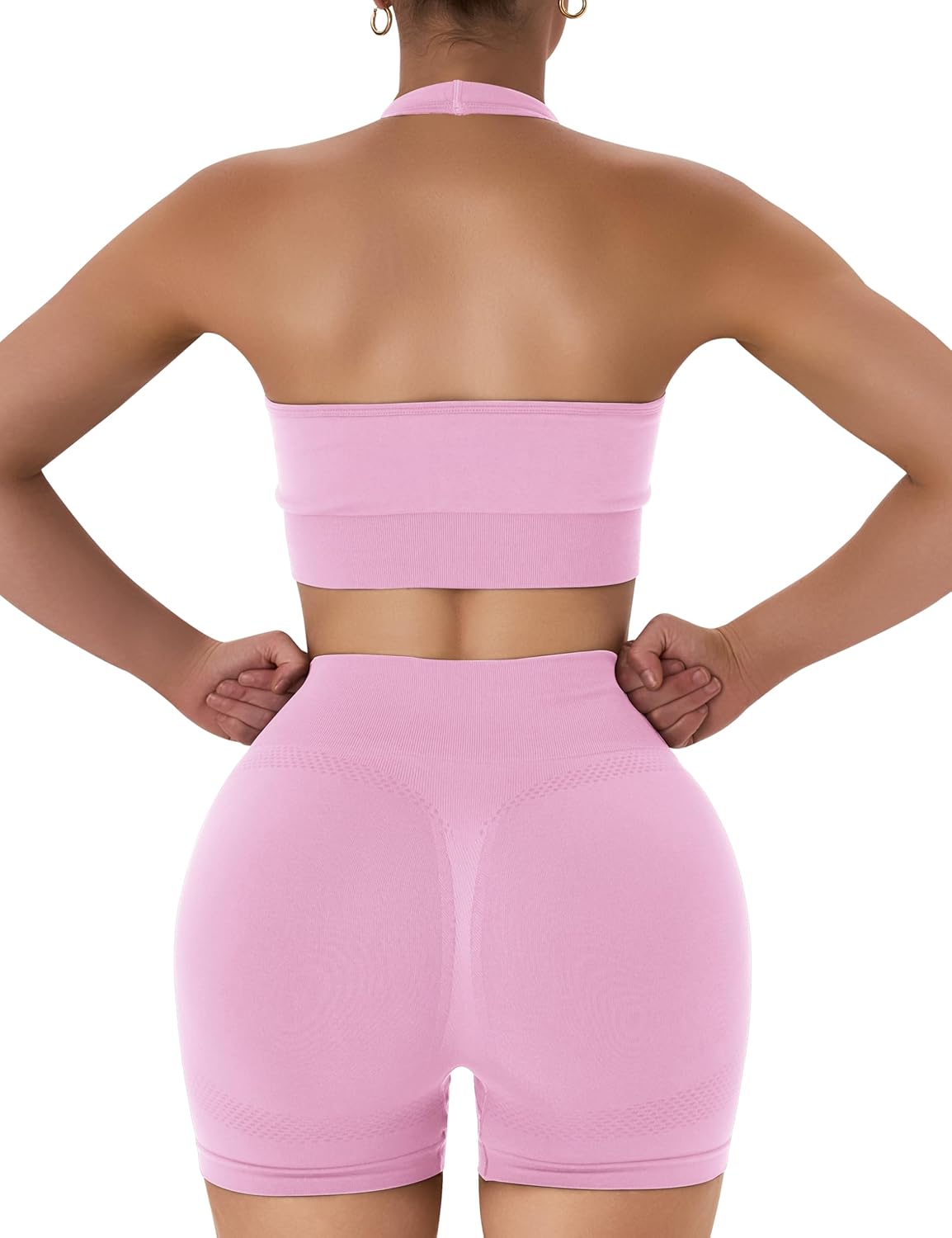 OLCHEE 女士健身套装 2 件套露背挂脖运动胸罩高腰提臀短裤瑜伽健身服休闲运动服