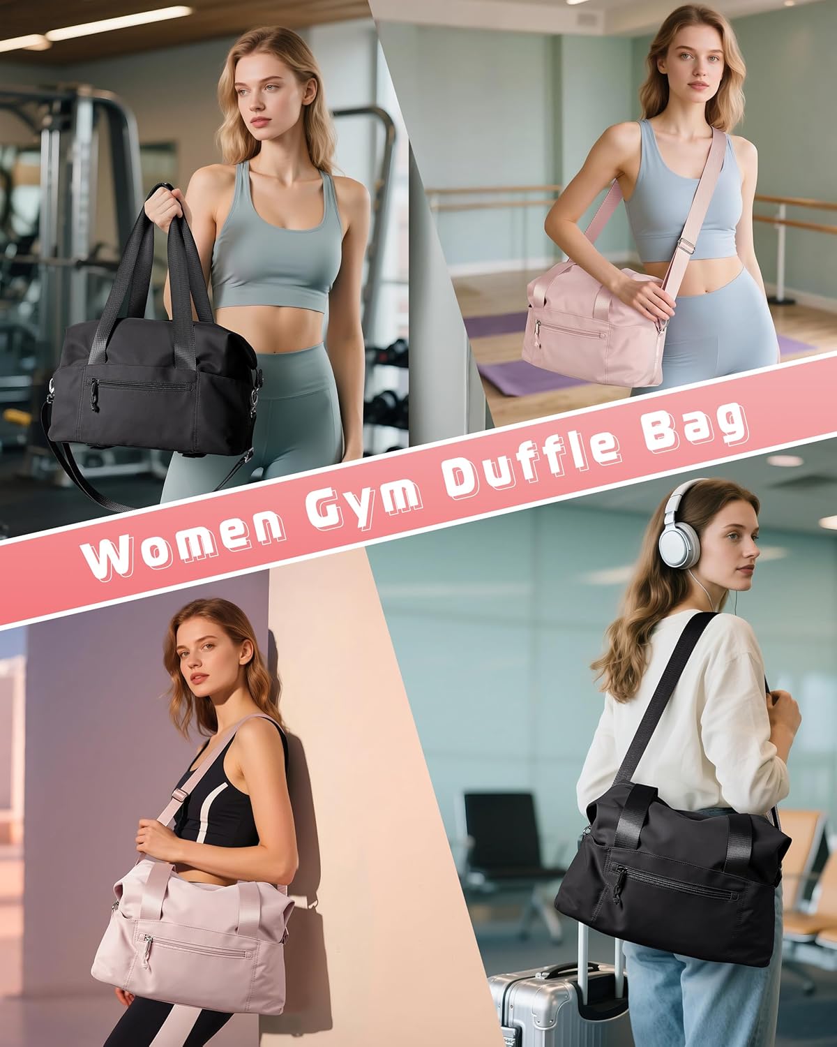 小号健身包,带瑜伽垫支架,湿口袋和一个独立袋,小号健身行李袋,带可拆卸斜挎肩带,粉色