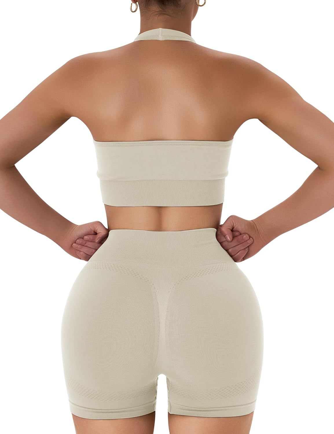 OLCHEE 女士健身套装 2 件套露背挂脖运动胸罩高腰提臀短裤瑜伽健身服休闲运动服