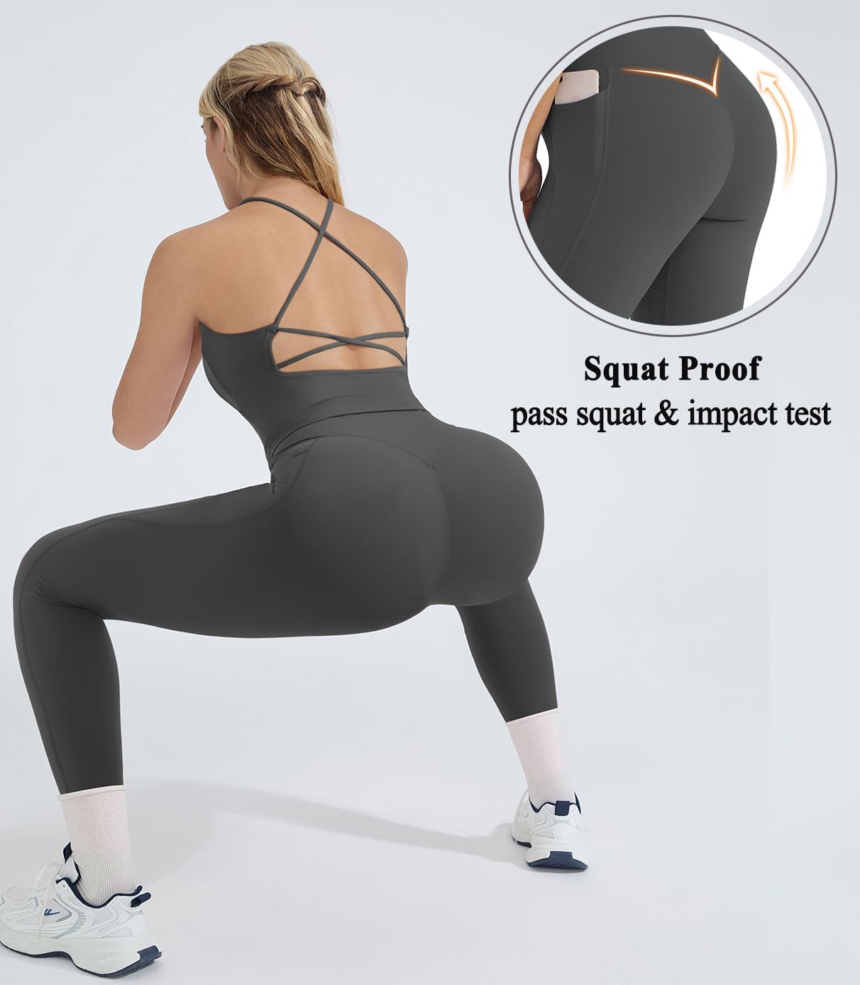 OMKAGI 2 件套女士健身套装,加垫健身上衣,带口袋,健身套装