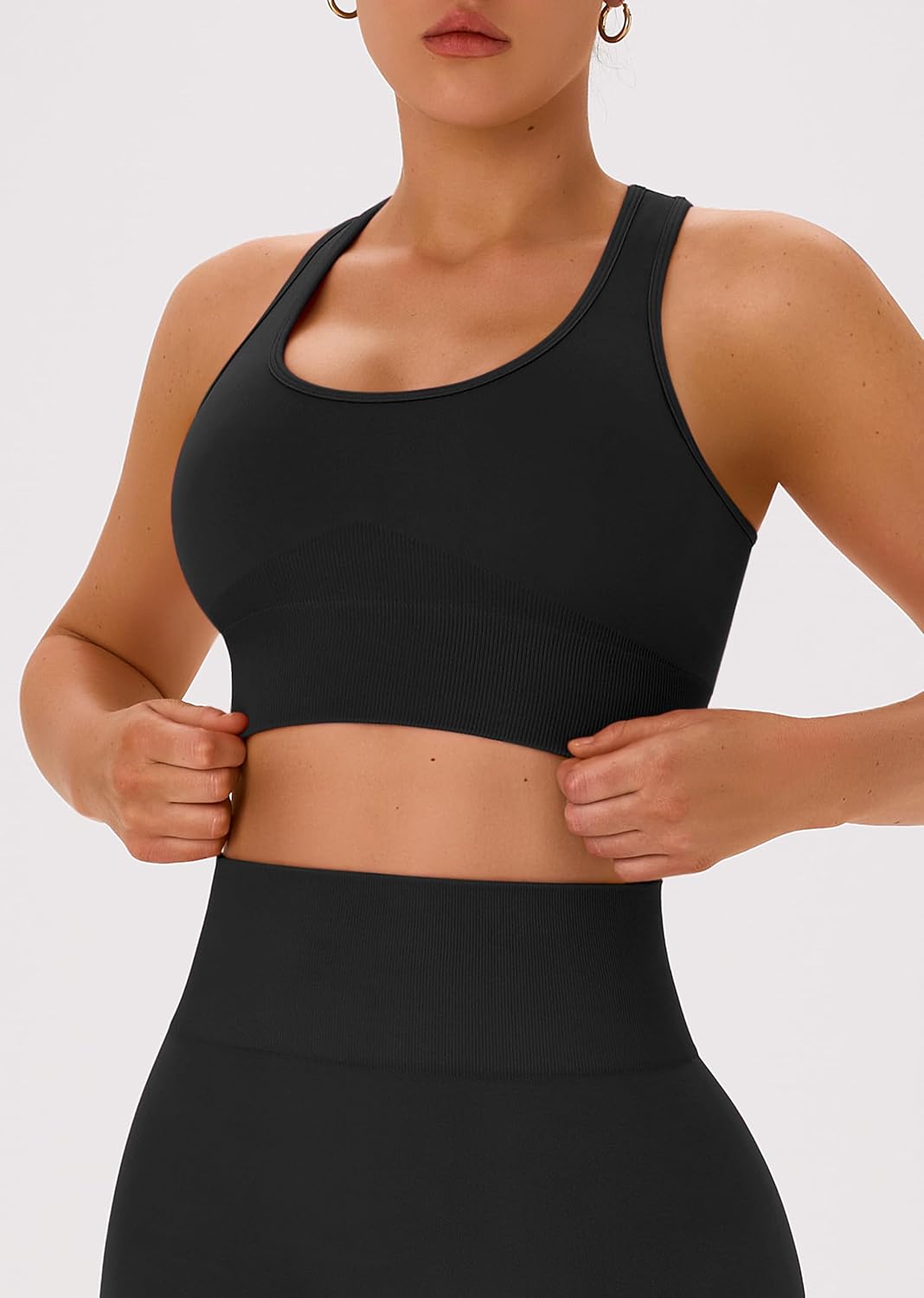 OLCHEE 女式锻炼套装 2 件套 - 酸洗无缝瑜伽服高腰打底裤加垫工字背心运动文胸健身房套装