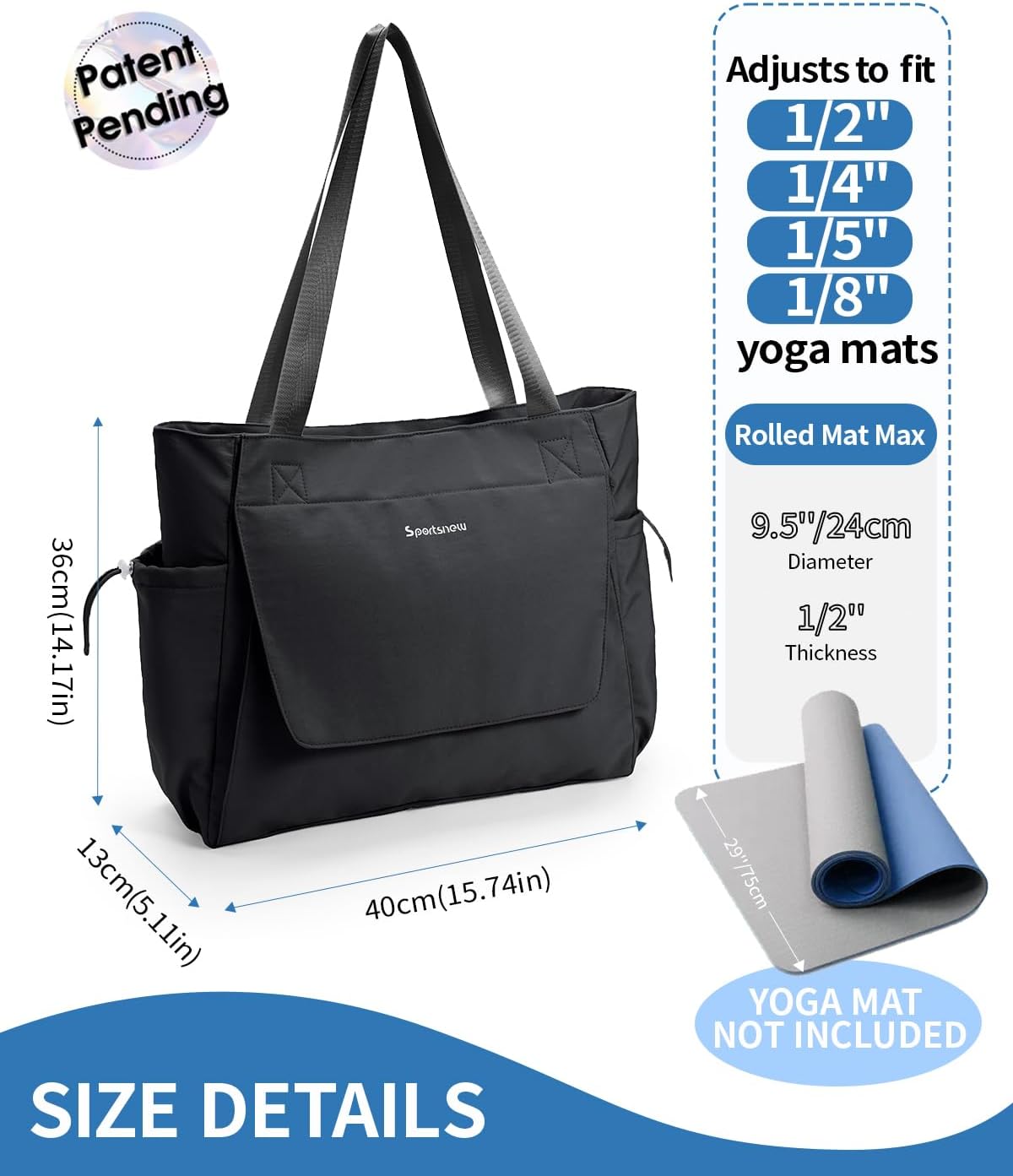 sportsnew 瑜伽垫包手提包瑜伽健身包男女防水湿口袋和钩环,快速取用存储瑜伽垫包