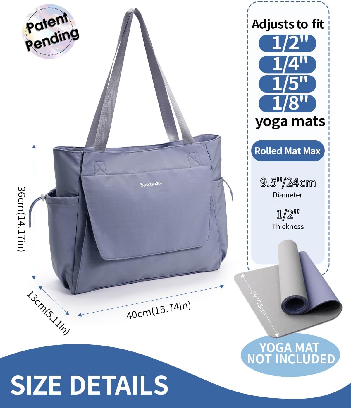 sportsnew 瑜伽垫包手提包瑜伽健身包男女防水湿口袋和钩环,快速取用存储瑜伽垫包