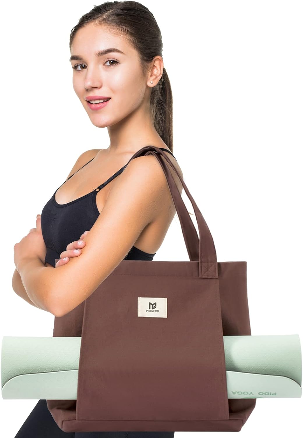 Moyaqi 帆布手提包带瑜伽垫携带口袋手提单肩包适用于办公室、锻炼、普拉提、旅行、沙滩和健身房