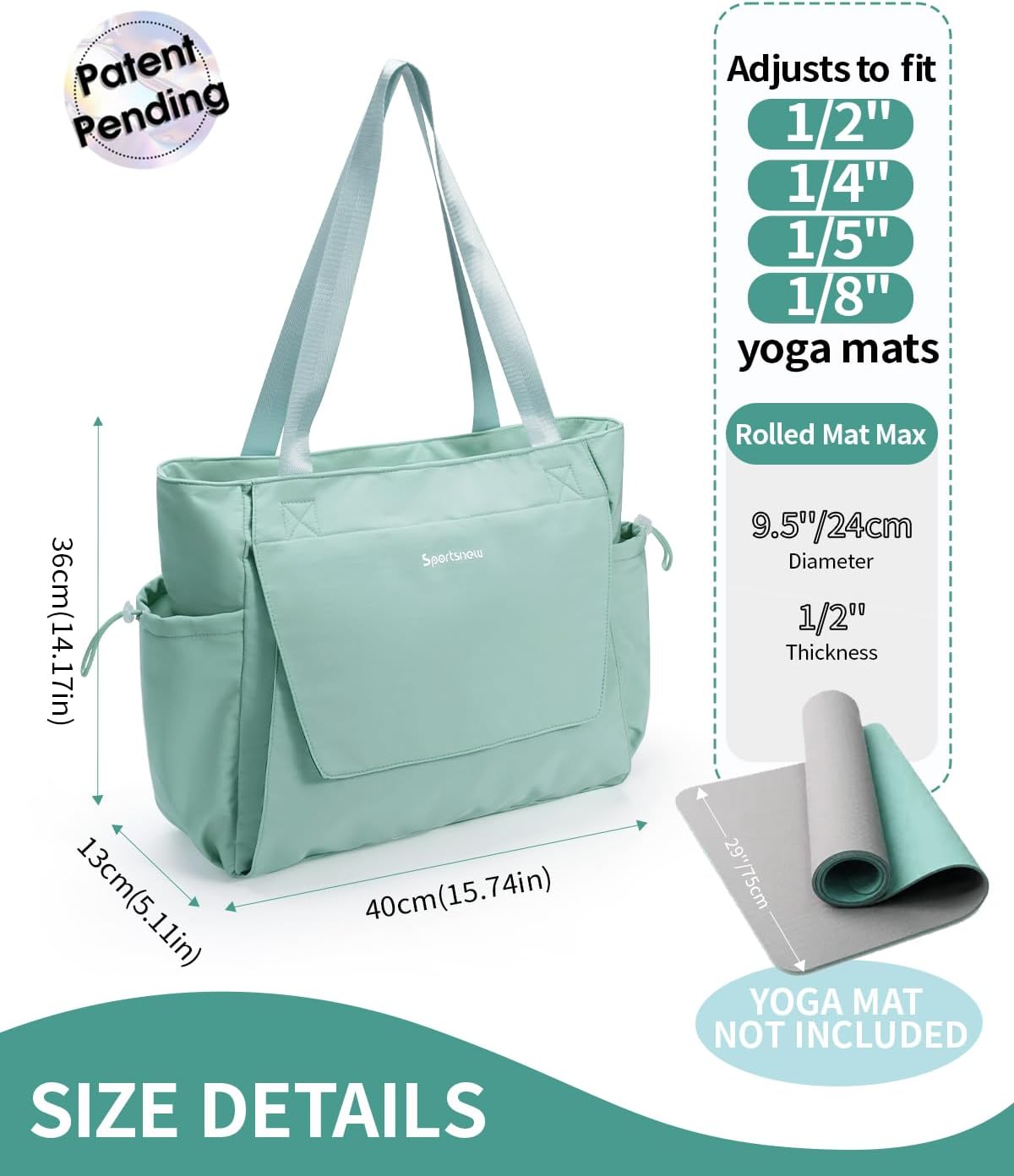 sportsnew 瑜伽垫包手提包瑜伽健身包男女防水湿口袋和钩环,快速取用存储瑜伽垫包