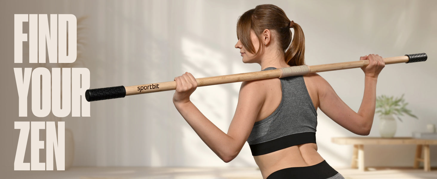 SportBit 竹制瑜伽棒 带颈枕 – 可折叠便携 5.1 英尺(约 1.9 米)移动棒和锻炼棒 – 完全可调节的瑜伽配件非常适合拉伸、姿势矫正、平衡