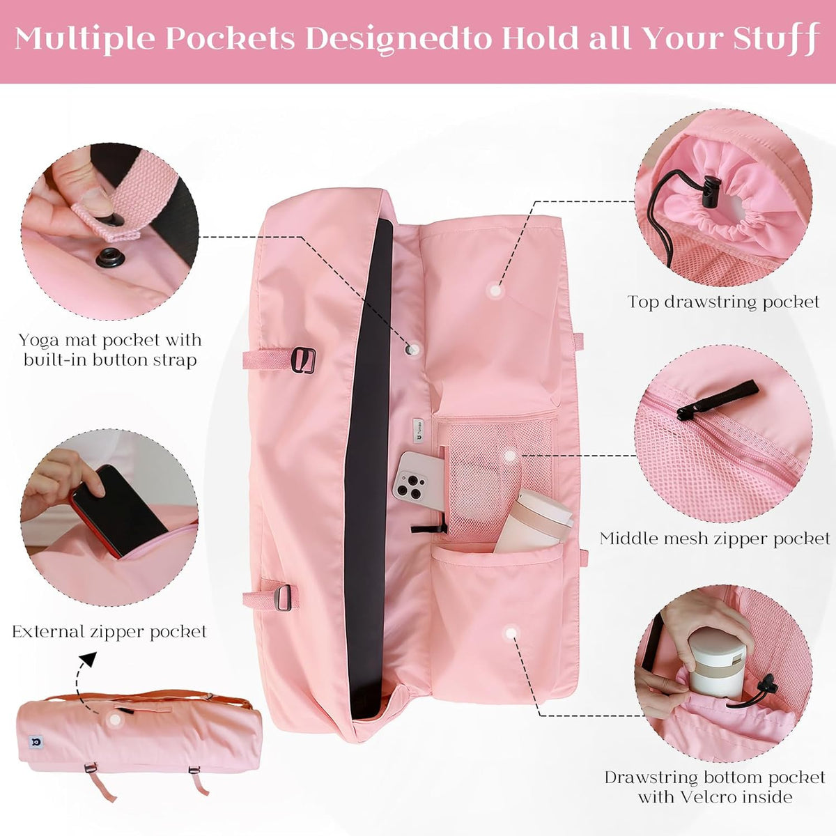 Tumaz 瑜伽垫包,带可调节肩带,适合卷垫,最大可达 26 英寸(约 66.0 厘米),可装必需品,坚固的G形钩闭合