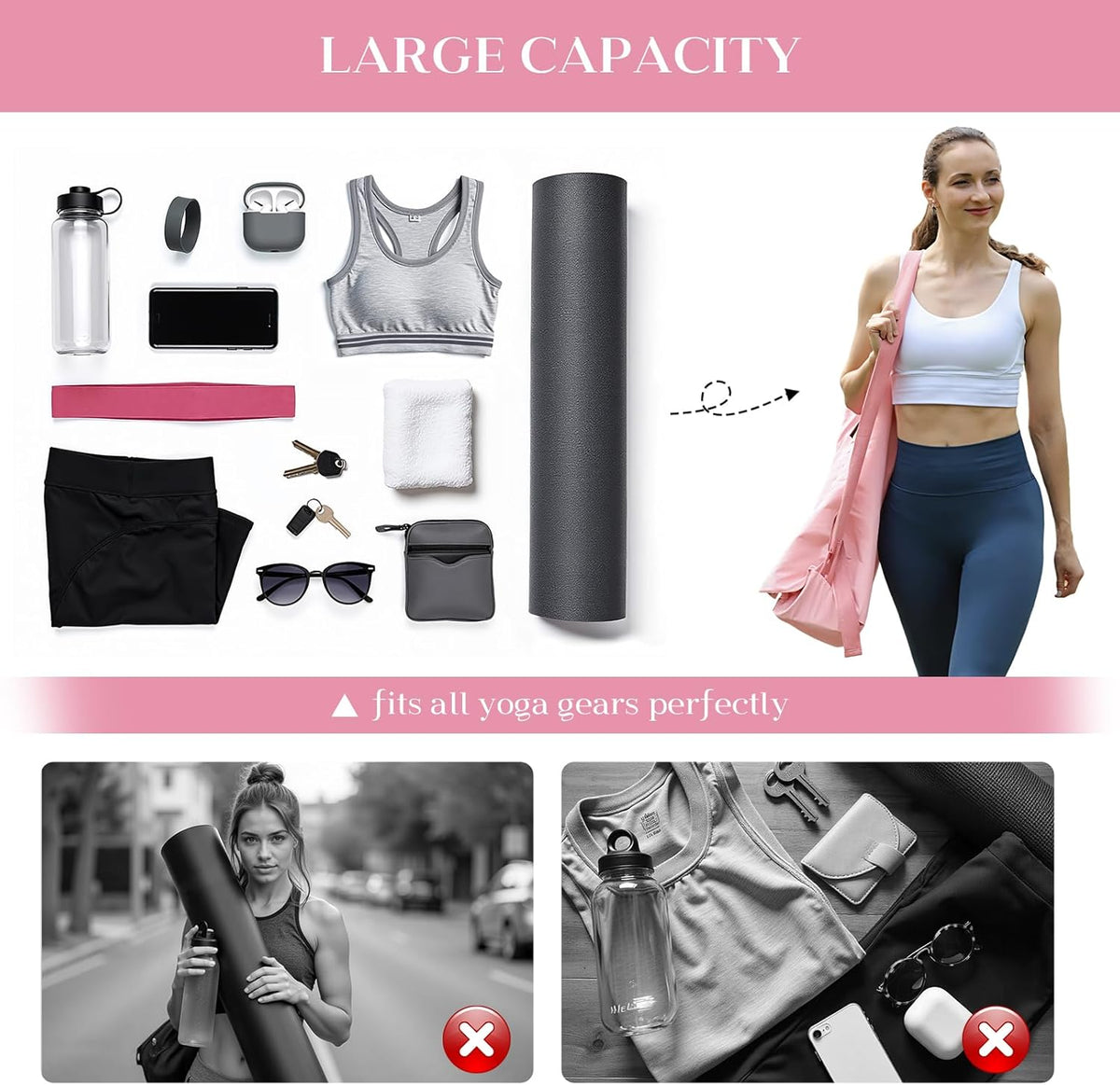 Tumaz 瑜伽垫包,带可调节肩带,适合卷垫,最大可达 26 英寸(约 66.0 厘米),可装必需品,坚固的G形钩闭合