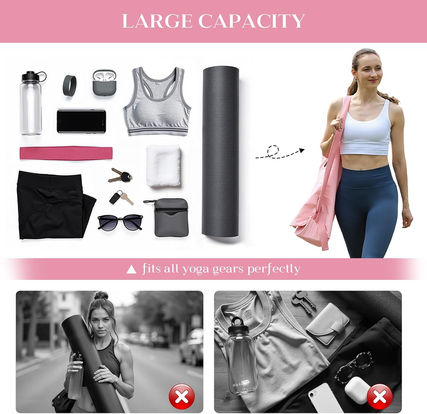 Tumaz 瑜伽垫包,带可调节肩带,适合卷垫,最大可达 26 英寸(约 66.0 厘米),可装必需品,坚固的G形钩闭合