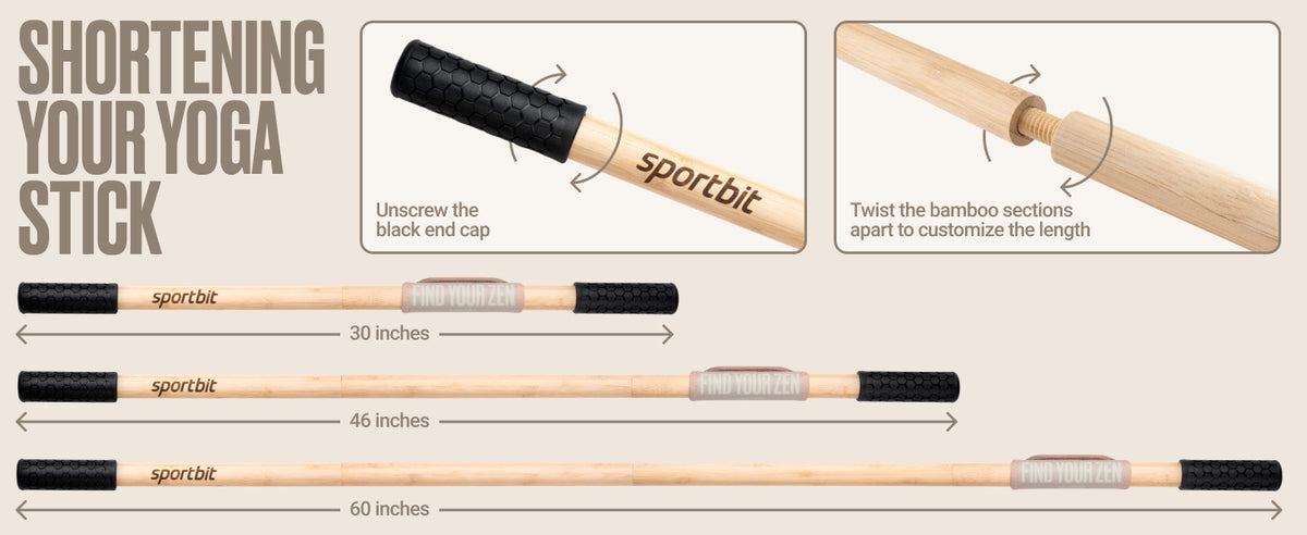 SportBit 竹制瑜伽棒 带颈枕 – 可折叠便携 5.1 英尺(约 1.9 米)移动棒和锻炼棒 – 完全可调节的瑜伽配件非常适合拉伸、姿势矫正、平衡