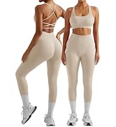 OMKAGI 2 件套女士健身套装,加垫健身上衣,带口袋,健身套装