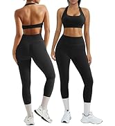 OMKAGI 2 件套女士健身套装,加垫健身上衣,带口袋,健身套装