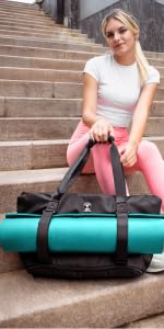 瑜伽垫包 - 8 口袋健身包适合 1.27 厘米厚的垫子和积木,可拆卸肩带 | 大号包带垫托,适合女士、男士| 行李袋,手提包