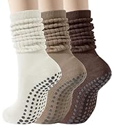 Pilates Socks with Grips for Women, 3 Pairs Long Scrunch Non Slip Yoga Barre Workout Slouch Socks