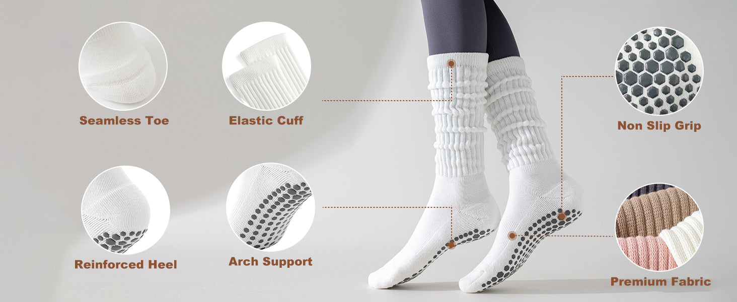 Pilates Socks with Grips for Women, 3 Pairs Long Scrunch Non Slip Yoga Barre Workout Slouch Socks