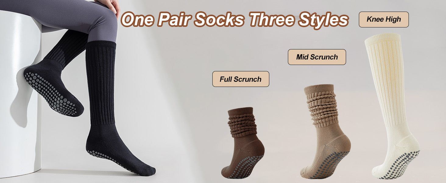 Pilates Socks with Grips for Women, 3 Pairs Long Scrunch Non Slip Yoga Barre Workout Slouch Socks