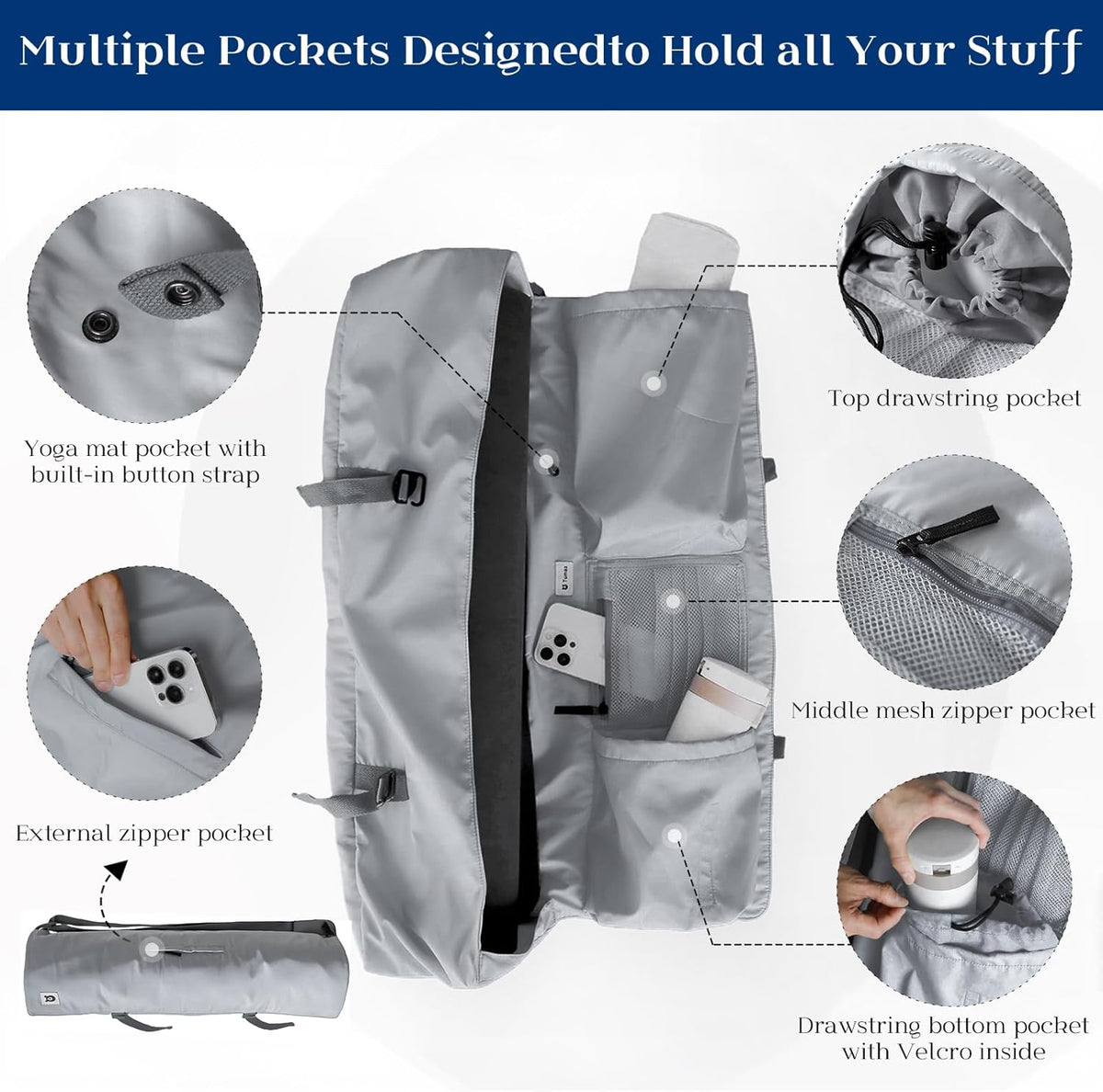 Tumaz 瑜伽垫包,带可调节肩带,适合卷垫,最大可达 26 英寸(约 66.0 厘米),可装必需品,坚固的G形钩闭合