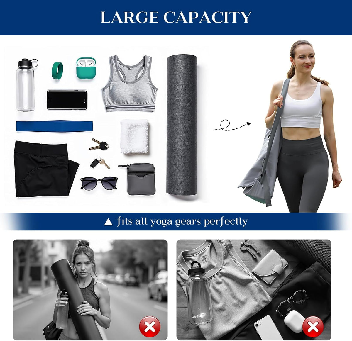 Tumaz 瑜伽垫包,带可调节肩带,适合卷垫,最大可达 26 英寸(约 66.0 厘米),可装必需品,坚固的G形钩闭合