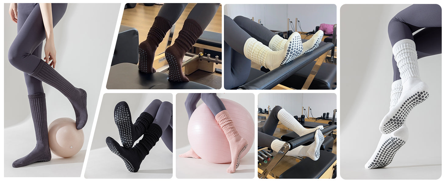Pilates Socks with Grips for Women, 3 Pairs Long Scrunch Non Slip Yoga Barre Workout Slouch Socks