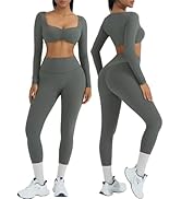 OMKAGI 2 件套女士健身套装,加垫健身上衣,带口袋,健身套装