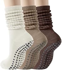 Pilates Socks with Grips for Women, 3 Pairs Long Scrunch Non Slip Yoga Barre Workout Slouch Socks