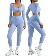 OMKAGI 2 件套女士健身套装,加垫健身上衣,带口袋,健身套装