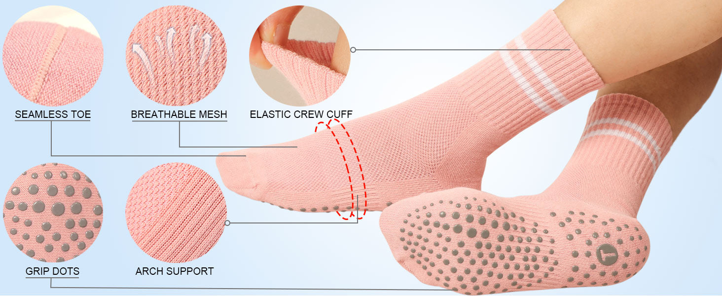 Toes Home 女式普拉提袜带防滑抓手,瑜伽船员袜适用于巴雷医院粘性拖鞋袜 4 双装
