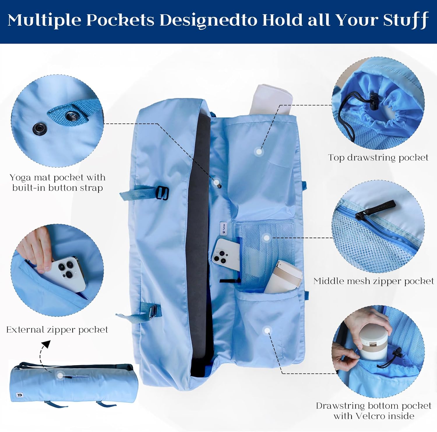 Tumaz 瑜伽垫包,带可调节肩带,适合卷垫,最大可达 26 英寸(约 66.0 厘米),可装必需品,坚固的G形钩闭合