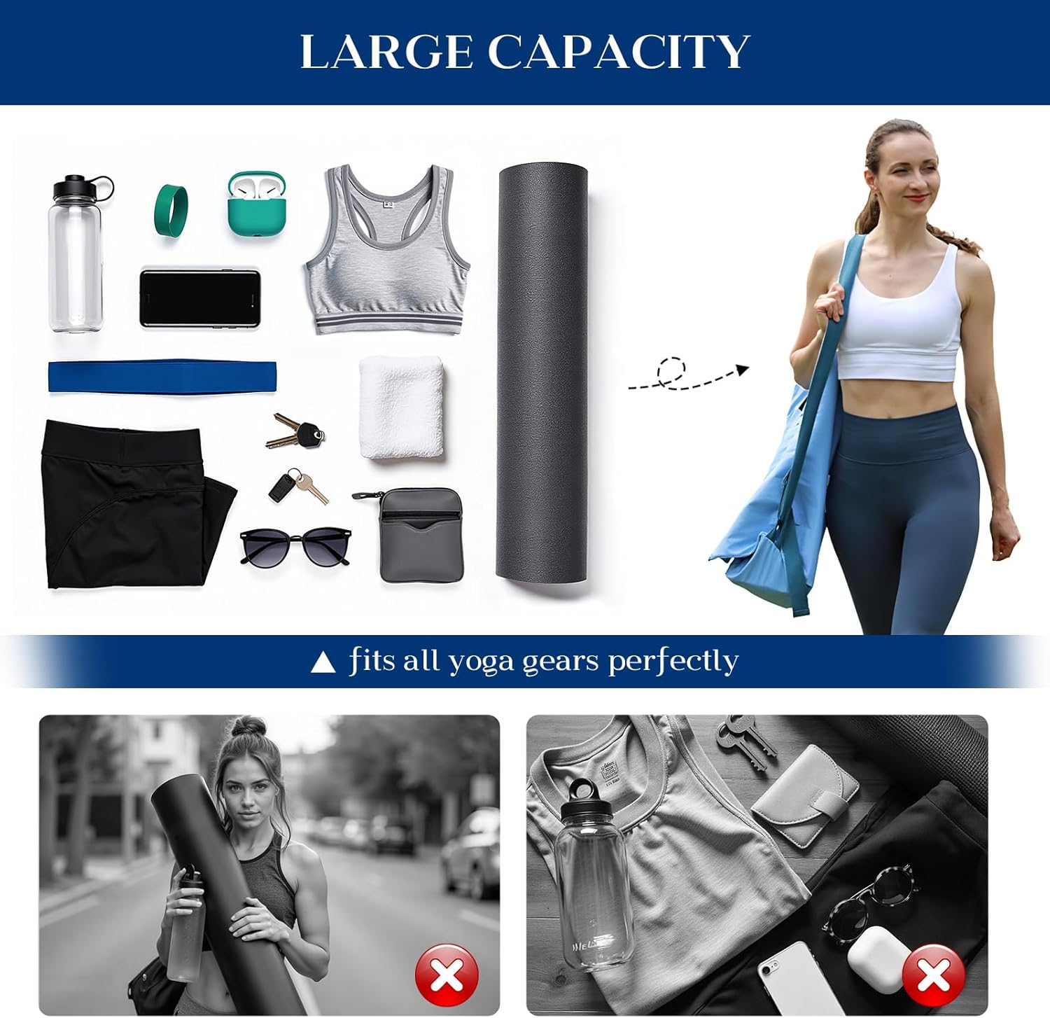 Tumaz 瑜伽垫包,带可调节肩带,适合卷垫,最大可达 26 英寸(约 66.0 厘米),可装必需品,坚固的G形钩闭合