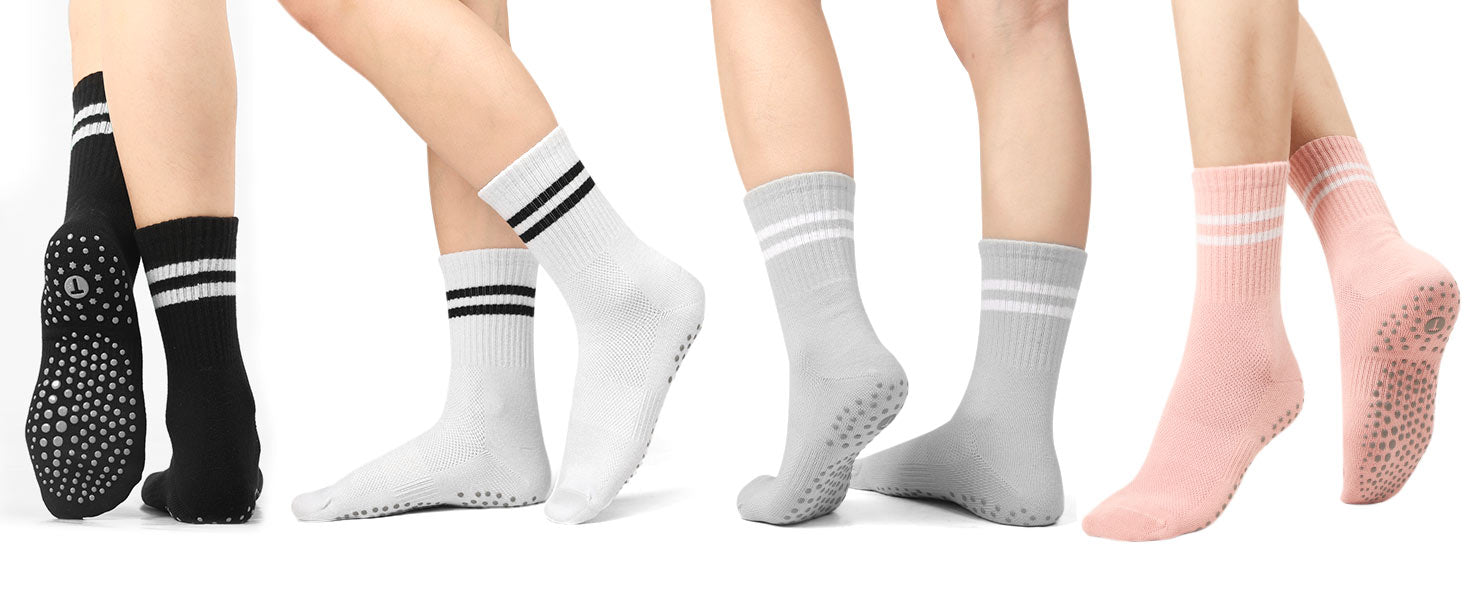 Toes Home 女式普拉提袜带防滑抓手,瑜伽船员袜适用于巴雷医院粘性拖鞋袜 4 双装