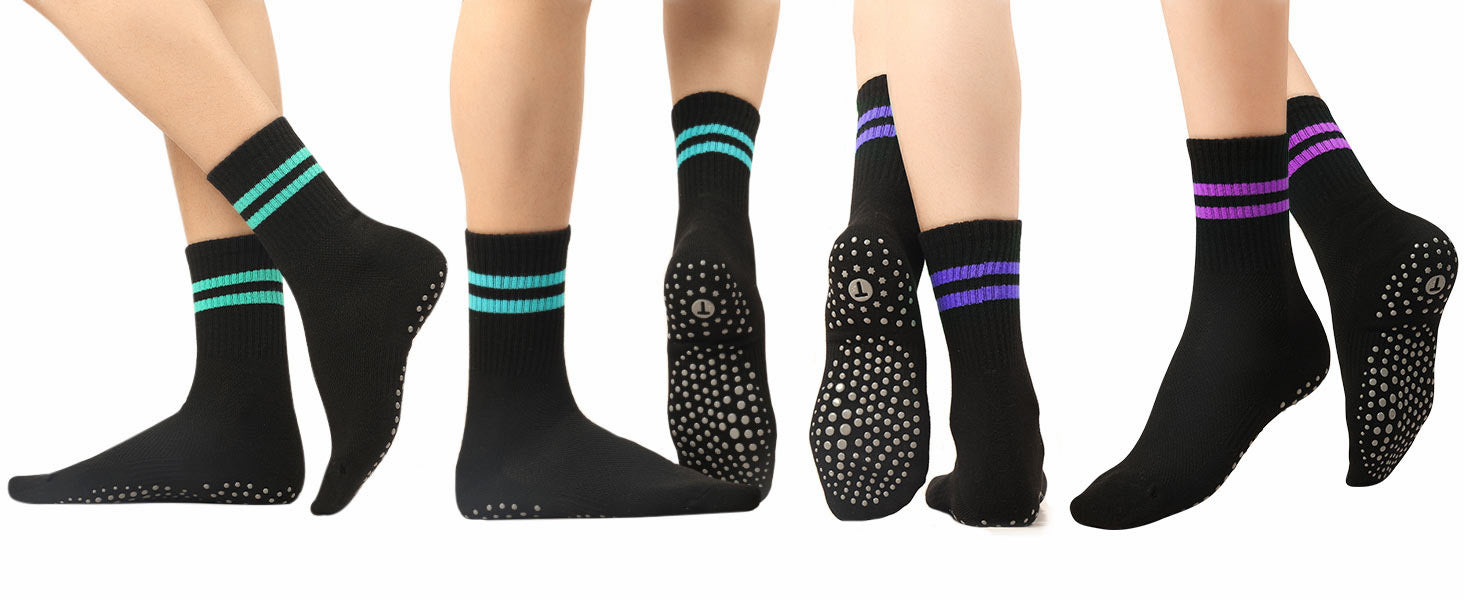 Toes Home 女式普拉提袜带防滑抓手,瑜伽船员袜适用于巴雷医院粘性拖鞋袜 4 双装