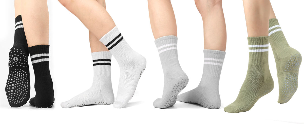 Toes Home 女式普拉提袜带防滑抓手,瑜伽船员袜适用于巴雷医院粘性拖鞋袜 4 双装