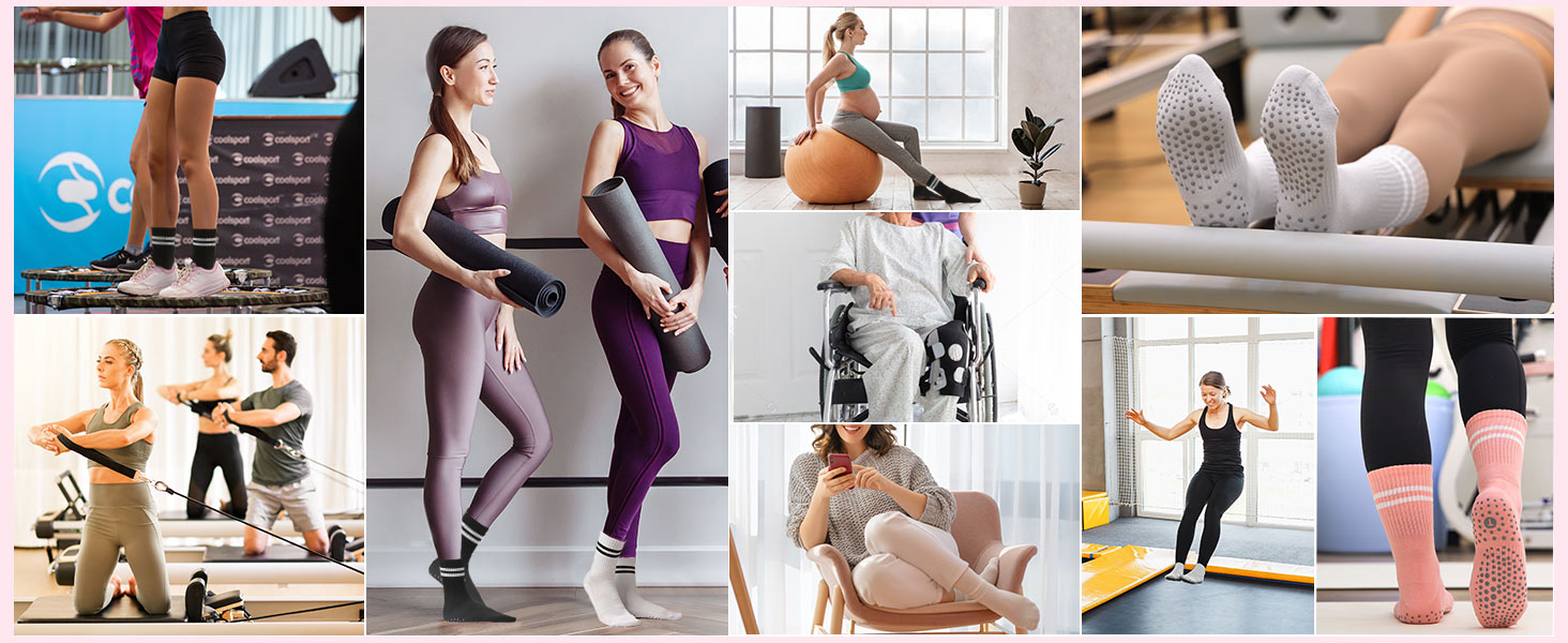 Toes Home 女式普拉提袜带防滑抓手,瑜伽船员袜适用于巴雷医院粘性拖鞋袜 4 双装