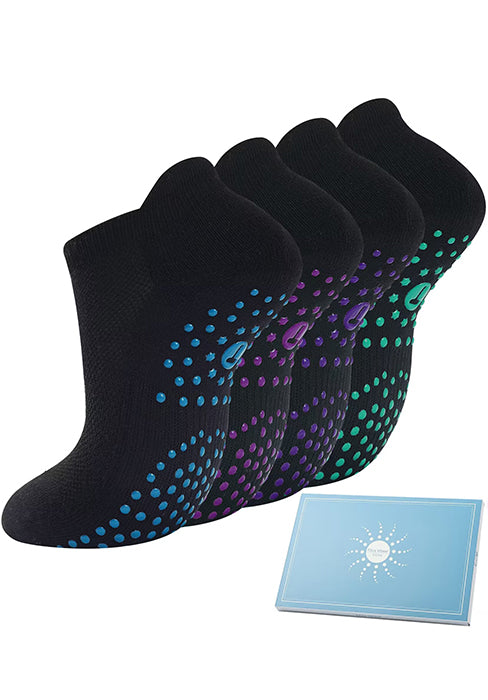 Toes Home 女式普拉提袜带防滑抓手,瑜伽船员袜适用于巴雷医院粘性拖鞋袜 4 双装