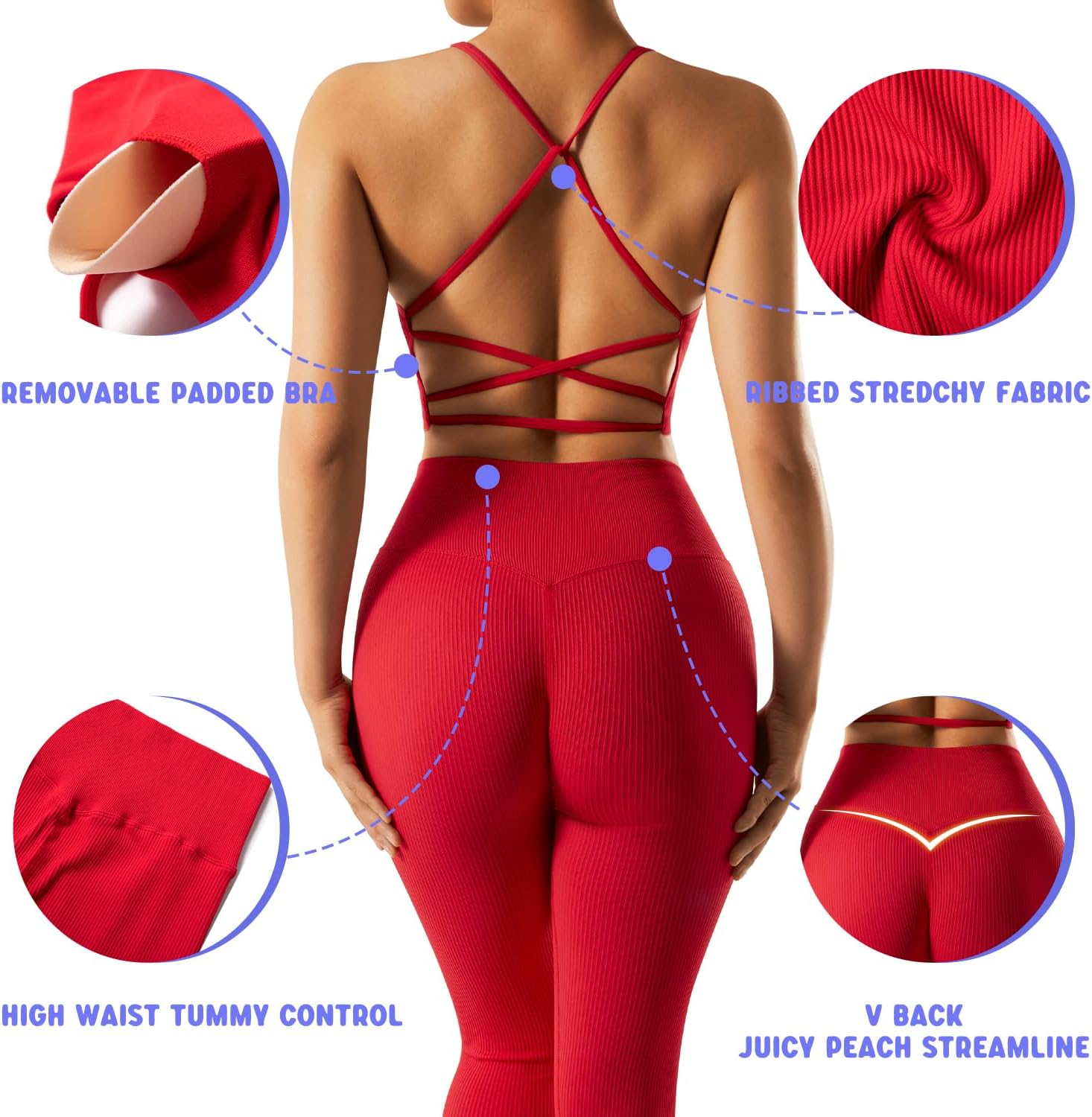 OMKAGI 2 件套女士健身套装,加垫健身上衣,带口袋,健身套装