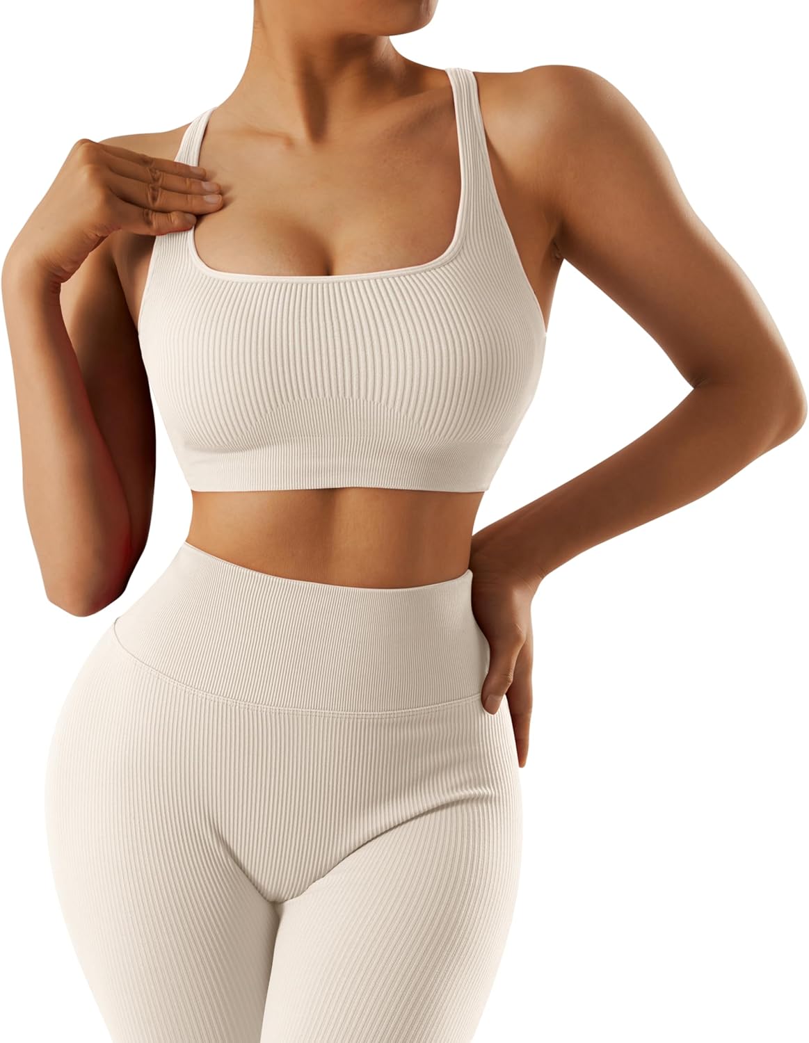 OMKAGI 2 件套女士健身套装,加垫健身上衣,带口袋,健身套装