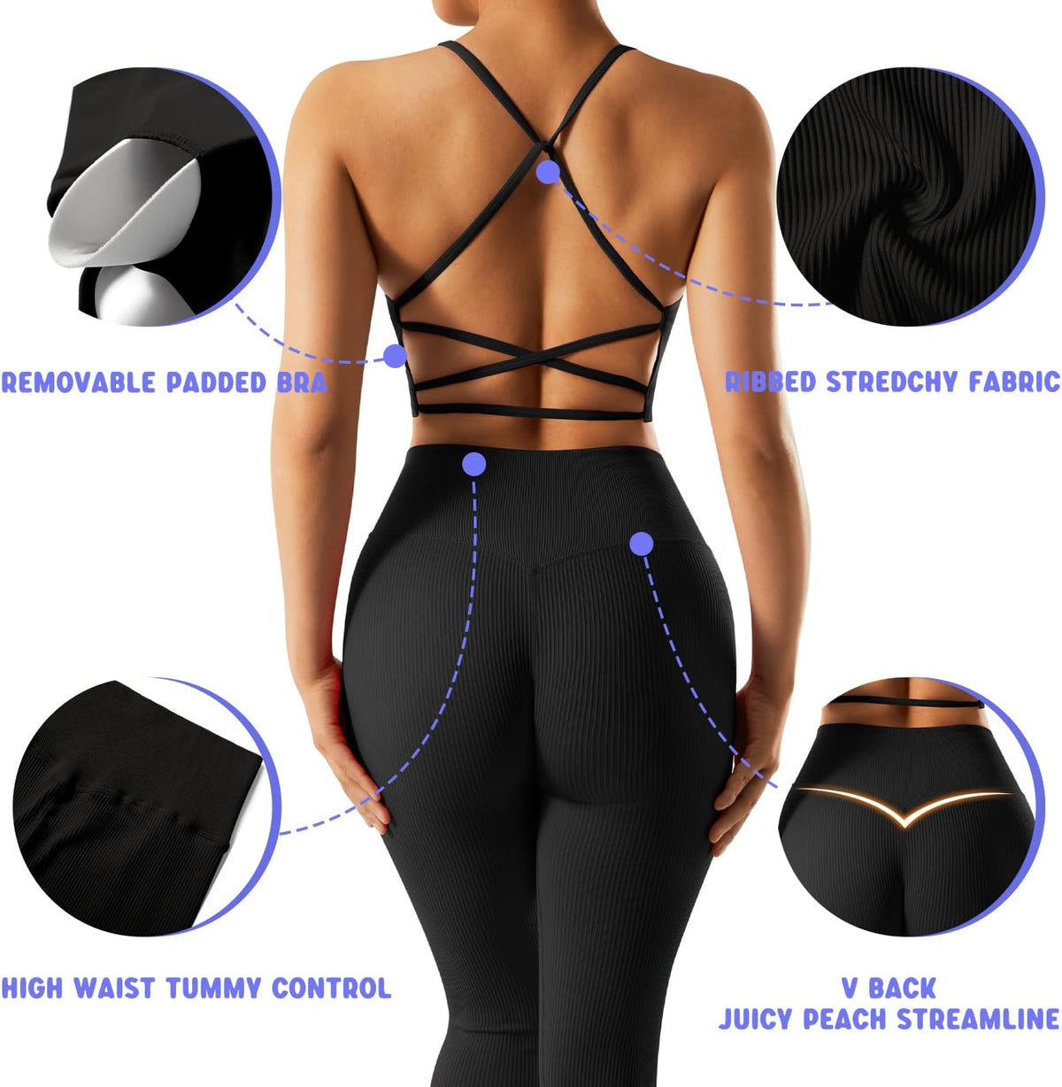 OMKAGI 2 件套女士健身套装,加垫健身上衣,带口袋,健身套装