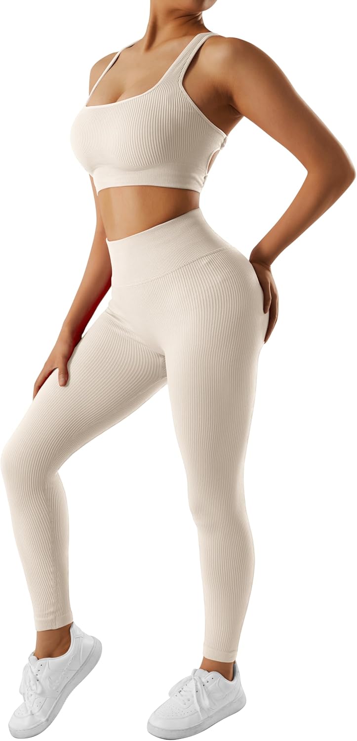 OMKAGI 2 件套女士健身套装,加垫健身上衣,带口袋,健身套装