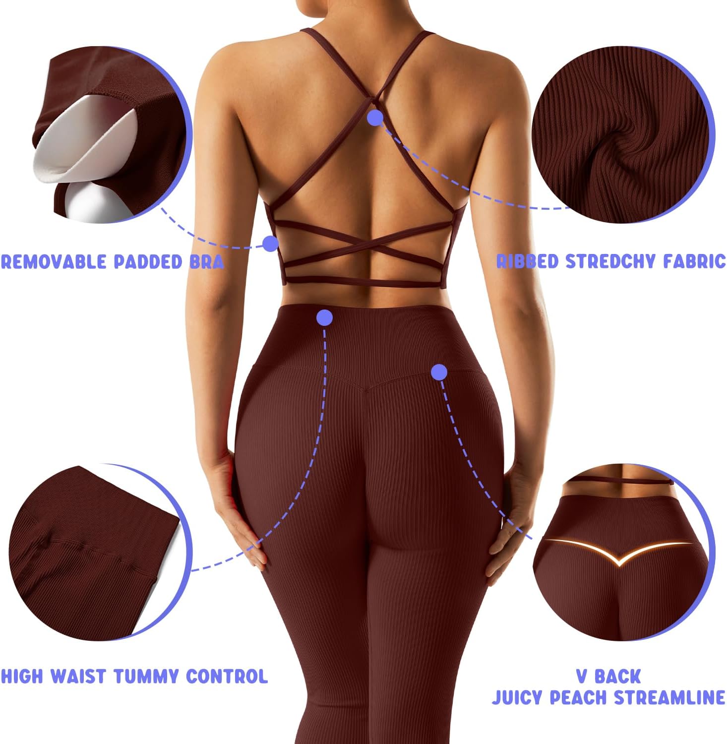 OMKAGI 2 件套女士健身套装,加垫健身上衣,带口袋,健身套装