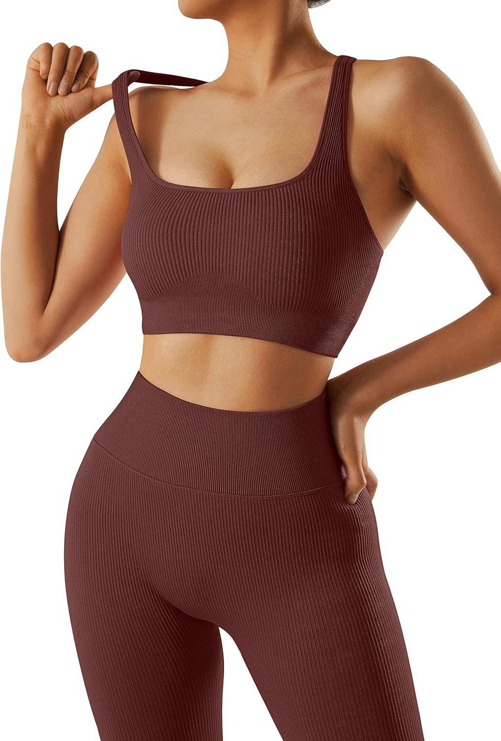 OMKAGI 2 件套女士健身套装,加垫健身上衣,带口袋,健身套装