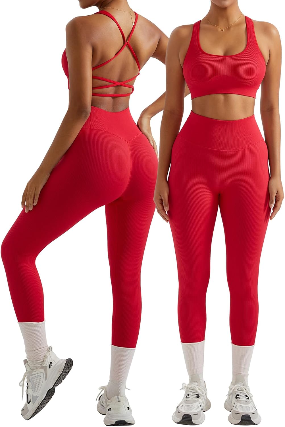 OMKAGI 2 件套女士健身套装,加垫健身上衣,带口袋,健身套装