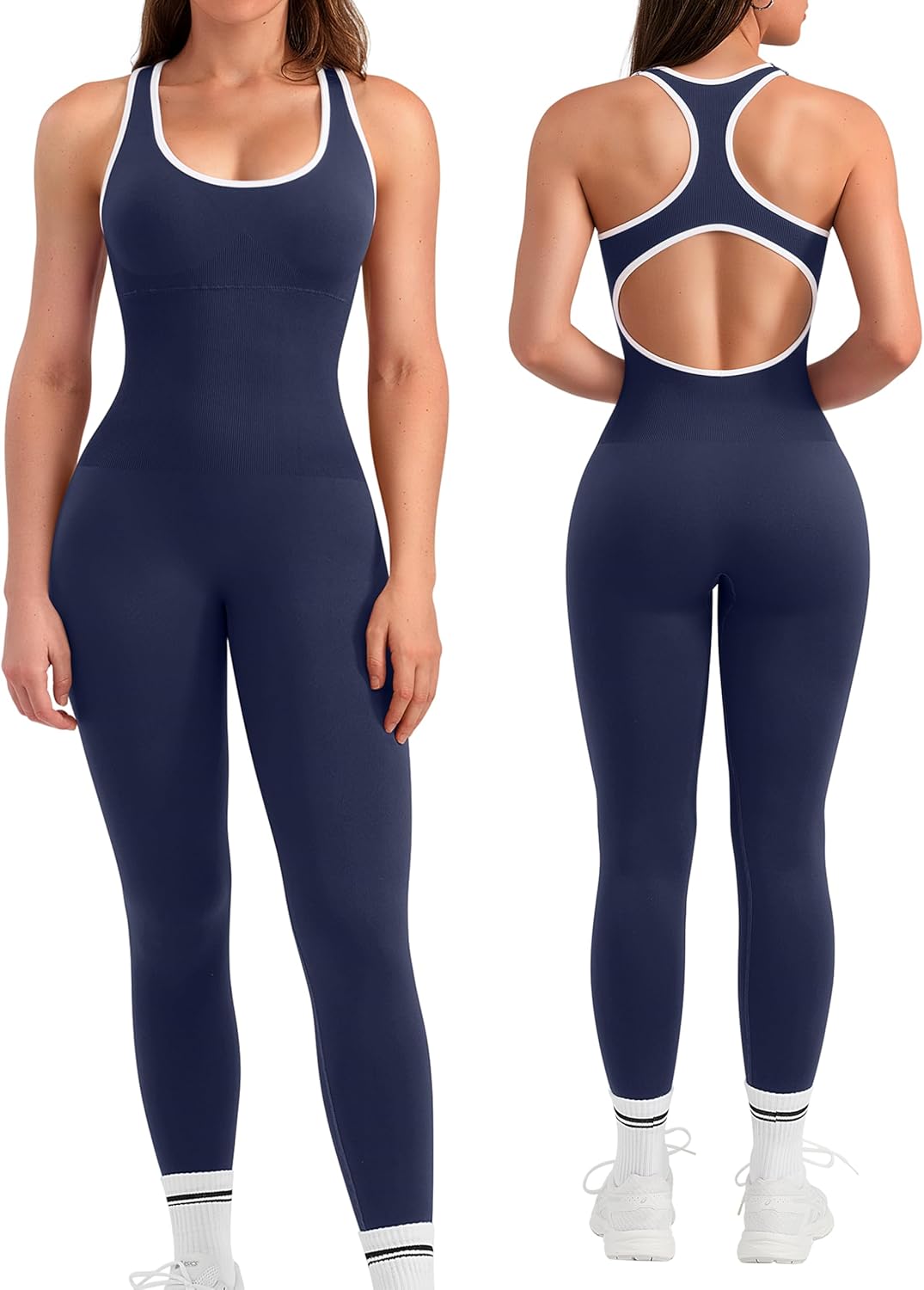 OLCHEE 女式健身连身裤无缝瑜伽健身房紧身连衫裤性感工字背心收腹加垫文胸