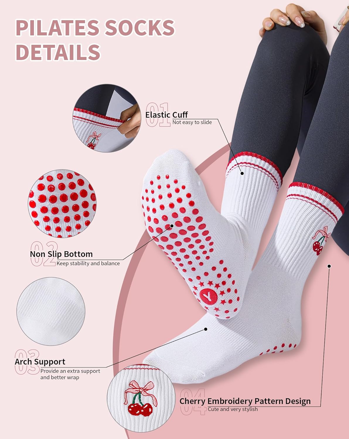 Yawlsow Pilates 女式防滑袜 瑜伽 抓地力袜 可爱 Barre 防滑运动船员 粘性袜子 锻炼 医院