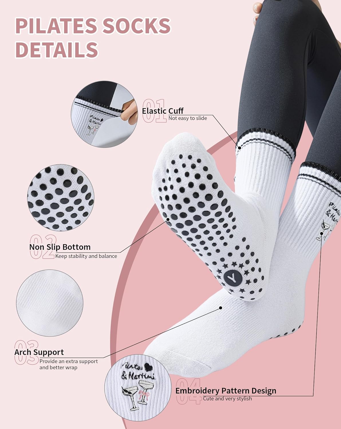 Yawlsow Pilates 女式防滑袜 瑜伽 抓地力袜 可爱 Barre 防滑运动船员 粘性袜子 锻炼 医院