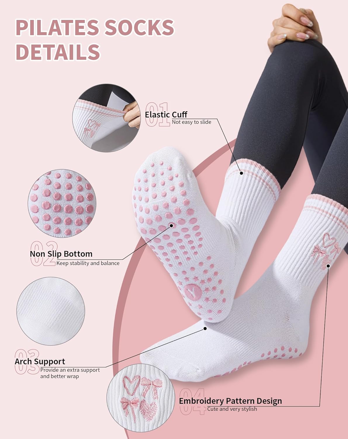 Yawlsow Pilates 女式防滑袜 瑜伽 抓地力袜 可爱 Barre 防滑运动船员 粘性袜子 锻炼 医院