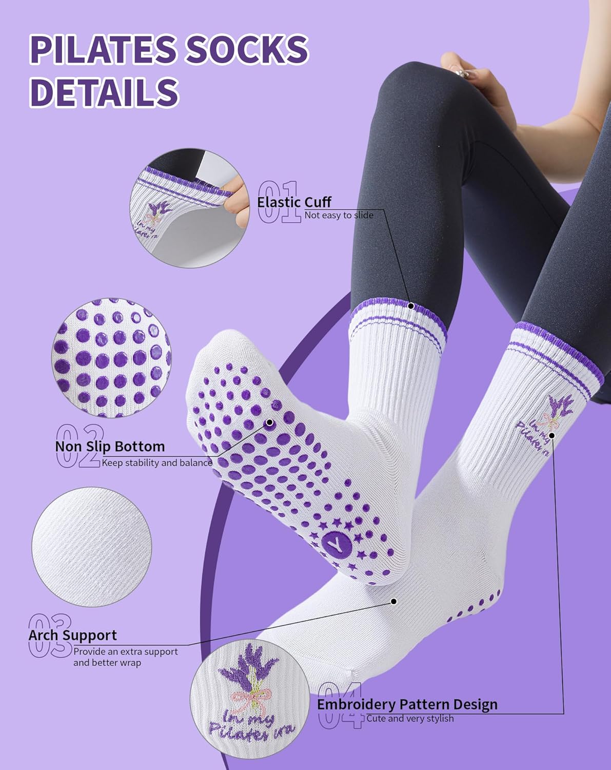 Yawlsow Pilates 女式防滑袜 瑜伽 抓地力袜 可爱 Barre 防滑运动船员 粘性袜子 锻炼 医院