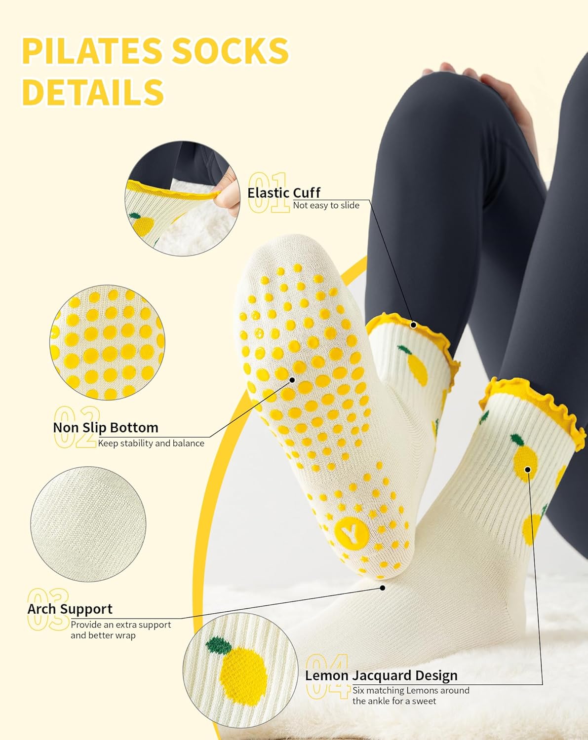Yawlsow Pilates 女式防滑袜 瑜伽 抓地力袜 可爱 Barre 防滑运动船员 粘性袜子 锻炼 医院